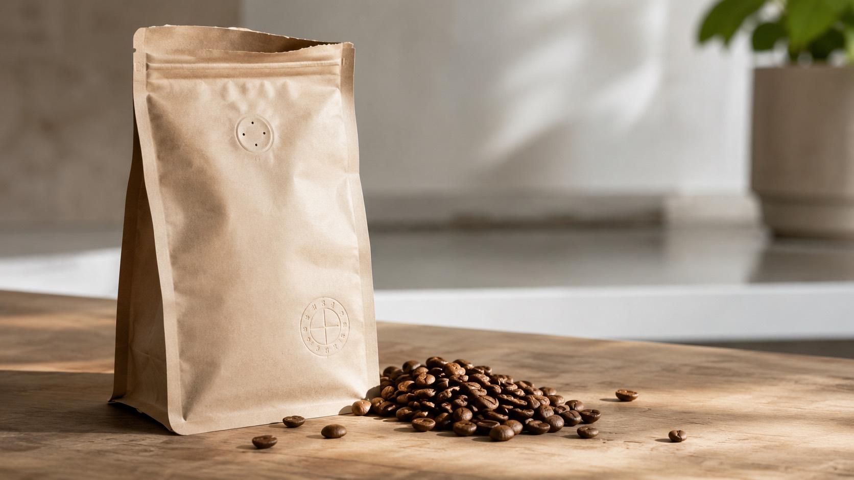 Geöffnete Kaffeetüte aus Kraftpapier mit Aromaventil und Zipverschluss, daneben ein Häufchen gerösteter Bohnen