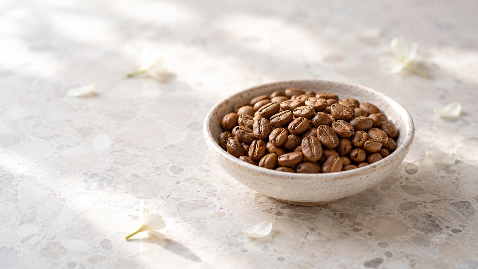 Mittelbraun geröstete Kaffeebohnen in einer hellen Keramikschale, daneben weiße Blüten auf einer Steinfläche